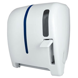 Despachador / dispensador de toalla en rollo palanca AG28000 Color: Blanco con aplique en azul Dimensiones en milímetros: Alto: 366 Largo: 307 Ancho: 265 Capacidad: 1 rollo de 8” / 20.3 cm Contenido por caja: 1 pieza