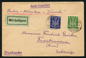 13.5.1925 Tonder, R-FLP Brief mit JL (JUNKERS FLUGVERKEHR14.6.1923 Danzig, Beleg mit Flugpostfrankatur (teils rückseitig) Danzig-Berlin und Weiterbeförderung mit JL/AD ASTRA via München nach Zürich möglich. Rückseitig Transitstempel "Berlin C 2 Luftpost".