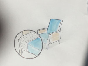 Croquis d'un fauteuil en vue d'une création- Réalisation Ecoute Bergère du savoir faire de garnissage crédit photo ecoute bergere