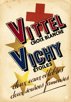 "Publicité de 1939 sur les eaux Vittel et Vichy, almanach 1939 pharmacie Dupré, Château-du-Loir, la Sarthe sous l'Occupation".