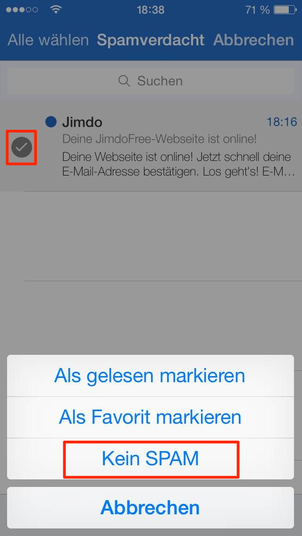 Bild: mobile Ansicht markieren als Kein Spam GMX JimdoMail