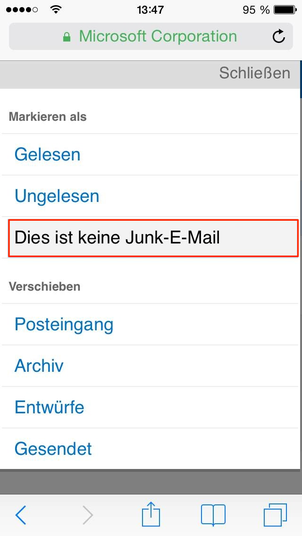Bild: mobil E-Mail als kein Junk markieren