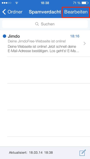 Bild: Mobile Ansicht Spamordner GMX Postfach Jimdo Mail