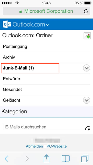 Bild: mobile Einstellungen Hotmail Posteingang