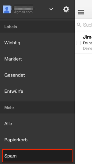 Bild: GMail mobiler Posteingan - Spam