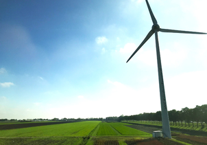 写真：青空と緑の畑の中に立つ風力発電タービン。再生可能エネルギーのイメージ