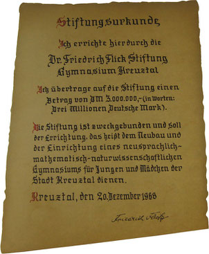 Stiftungsurkunde aus dem Jahr 1968