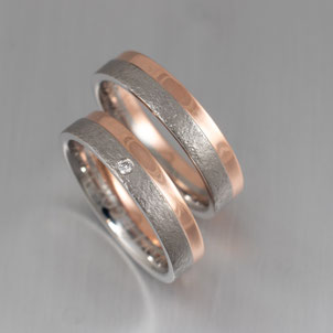 Trauringe mit Steinschlag in Platin 950/ Rotgold 585 und Diamant, Dorothea Siegert