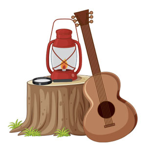 Eine Gitarre lehnt an einem Baumstamm. Obendrauf steht eine Öllampe. Pfades singen gern und brauchen nachts Licht, um den Pfad zum Liederabend (oder zum Klo) zu finden. 