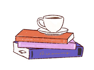 積まれた本の上に置かれたコーヒーのカップ＆ソーサ。