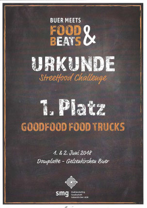 Urkunde 1. Platz GOODFOOD FOOD TUCKS bei Streetfood Challenge 
