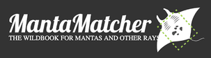 The image shows the logo for "MantaMatcher," featuring the text "The Wildbook for Mantas and Other Rays" alongside an illustration of a manta ray with green dots outlining its wing.