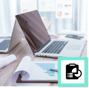 Desk with notebook and business reports