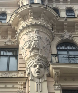 Sculpture of woman on Riga Art Nouveau building facae