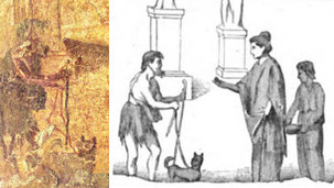 première fresque connue d'un chien guide : un mendiant avec canne tient en laisse un chien alors qu'une femme et sa servante lui donne une pièce