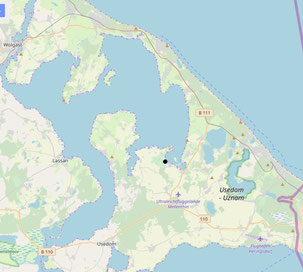 Map of Usedom with the midpoint of Usedom marked in black. This center point was calculated based on the squaring method (minimum distance sum after dividing the country's area into [square] sub-areas).