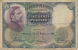 BILLETE ESPAÑA - PICK - P82 - 50 PESETAS - ANV. (EDUARDO ROSALES) 1.931 - SIN SERIE (BC/VG) DOBLADO POR LA MITAD - 5€.