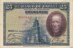 BILLETE ESPAÑA - PICK - P74B - 25 PESETAS - ANV. (CALDERÓN DE LA BARCA) 1.928 - SERIE B (MBC+/VF+) DOBLADO POR LA MITAD - 4,50€.