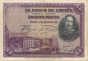 BILLETE ESPAÑA - PICK - P75A - 50 PESETAS - ANV. (VELÁZQUEZ) 1.928 - SIN SERIE (MBC/VF) DOBLADO POR LA MITAD - 10€.