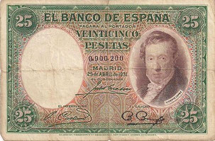 BILLETE ESPAÑA - PICK - P81 - 25 PESETAS - ANV. (VICENTE LÓPEZ) 1.931 - SIN SERIE (ESPÉCIMEN) (BC/VG) DOBLADO POR LA MITAD - 35€.