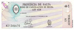 BILLETE ARGENTINA - PICK - S2612 - 1 AUSTRAL (PROVINCIA DE SALTA) SERIE D - 1.987 (SC/UNC) PLANCHA - 2€.