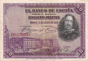 BILLETE ESPAÑA - PICK - P75B - 50 PESETAS - ANV. (VELÁZQUEZ) 1.928 - SERIE D (MBC/VF) DOBLADO POR LA MITAD - 4,50€.