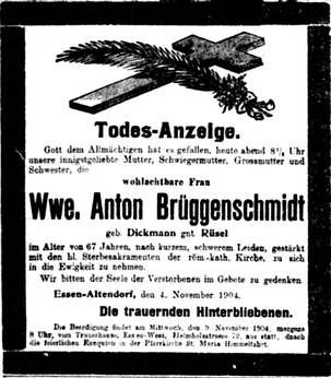 Todesanzeige von Friederike Dickmann gen. Rüsel, verh. Brüggenschmidt