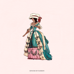 A woman wearing a teal Robe à la Francaise over a pink skirt, as well as a large cap on her hair. Epochs of Fashion