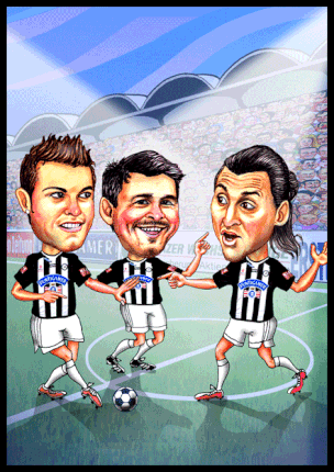 Karikaturen von Cristiano Ronaldo, Lionel Messi und Zlatan Ibrahimovic.