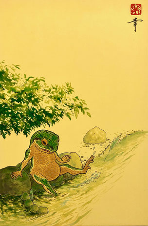 「きらめきの流れ」　日本画(雲肌麻紙、膠、墨、胡粉、岩絵具)　33.3×22cm