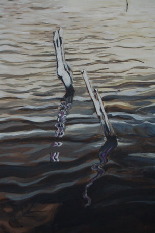 'Cuckmere reflections', acrylic paints on board.