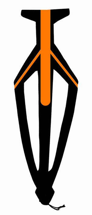 Coupe d'un sifflet aviforme. Le canal d'insufflation et les canaux latéraux débouchent sur les deux trous de jeu. © P. Kersalé 2024.