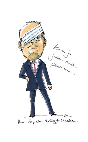 Minister Spahn lernt Maske tragen . 2020 . Karikatur