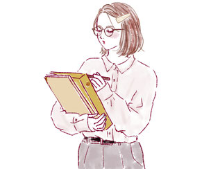 ファイルをかかえたボブカットの女性。アルバイト。