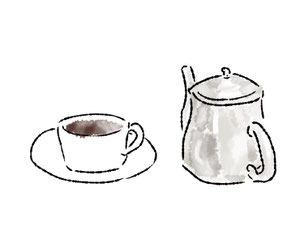 コーヒーの入ったカップ＆ソーサと銀色のポット。