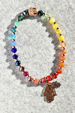 Regenbogenarmband Fartima Nr.3, Budda, Buddakopf, Hand, Fartima, Roségold, Bunt ,Unikate, ff-Unikate, Glas, Regenbogen