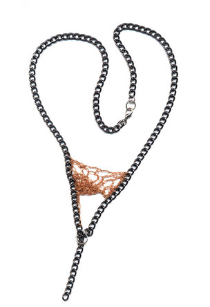 necklace handknitted orange yarn stitched to dark gunmetal heavy chain, jewellery, adornment, schmuck