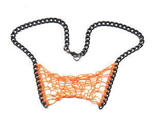 necklace handknitted orange yarn stitched to dark gunmetal heavy chain, jewellery, adornment, schmuck