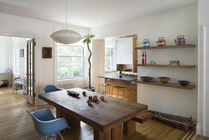 New modern kitchen and bathroom in apartment renovation.