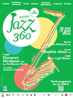 Affiche Festival JAZZ360 2024, du jeudi 30 mai au dimanche 9 juin 2024. Graphisme : Ulysse Badorc