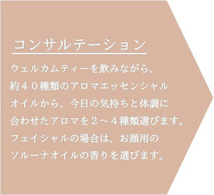 コンサルテーションでは、ウェルカムティーを飲みながら、約40種類のアロマエッセンシャルオイルから、今日の気持ちと体調に合わせたアロマを2～4種類選びます。フェイシャルの場合は、お顔用のソルーナオイルの香りを選びます。