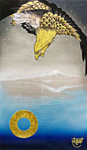 "Hawk- Tribute to Hiroshige Utagawa"   45.5×38. cm  Oil Painting, Gold foil.  Framed.  