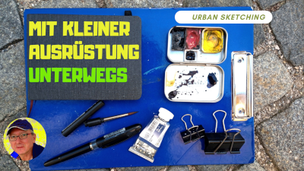 Klemmbrett, blau, mit utensilien für urban sketching