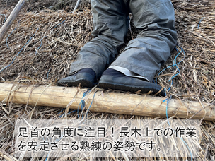 茅葺屋根の葺き替え　差し茅作業　長木の足場　安定させる足首の角度