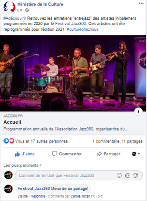 Ce 11 juin 2020, le Ministère de la Culture recommande JAZZ360 et ses entrejazz 2020.