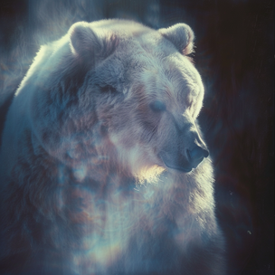 Ein Eisbär schaut nach rechts runter ist umgeben von einem weissen ätherischen licht mit farb reflexen