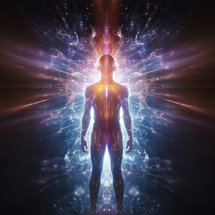 Der Mensch steht vor einem hellen Licht, um Spiritualismus darzustellen, im Stil eines dynamischen Energieflusses, menschlicher Anatomie, gespiegelter Bereiche, Celestialpunk, sehr detailliert