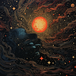 Eine Silhouette einer Oldschool-Comic-Illustration eines Mannes mit Sternen und orangem Mond, im Stil komplizierter psychedelischer Landschaften, organische Landschaften, helles Schwarz und Orange, Holzschnitt, Luftaufnahme, kosmische Landschaft