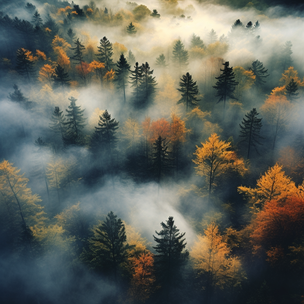 Ein schöner Herbstwald von oben, herbstfarbige Bäume umgeben von Nebel