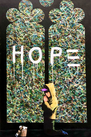 hope, hoffnung, beten, kirchenfenster, liebe, gott, collage, ölkreide, graffiti, divo santino 2023, betender junge, 